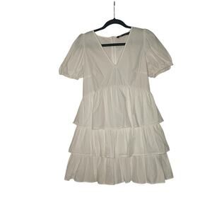 Zara  White Tiered Babydoll Mini Dress Puff Sleeves Ruff Hem Poplin Size M